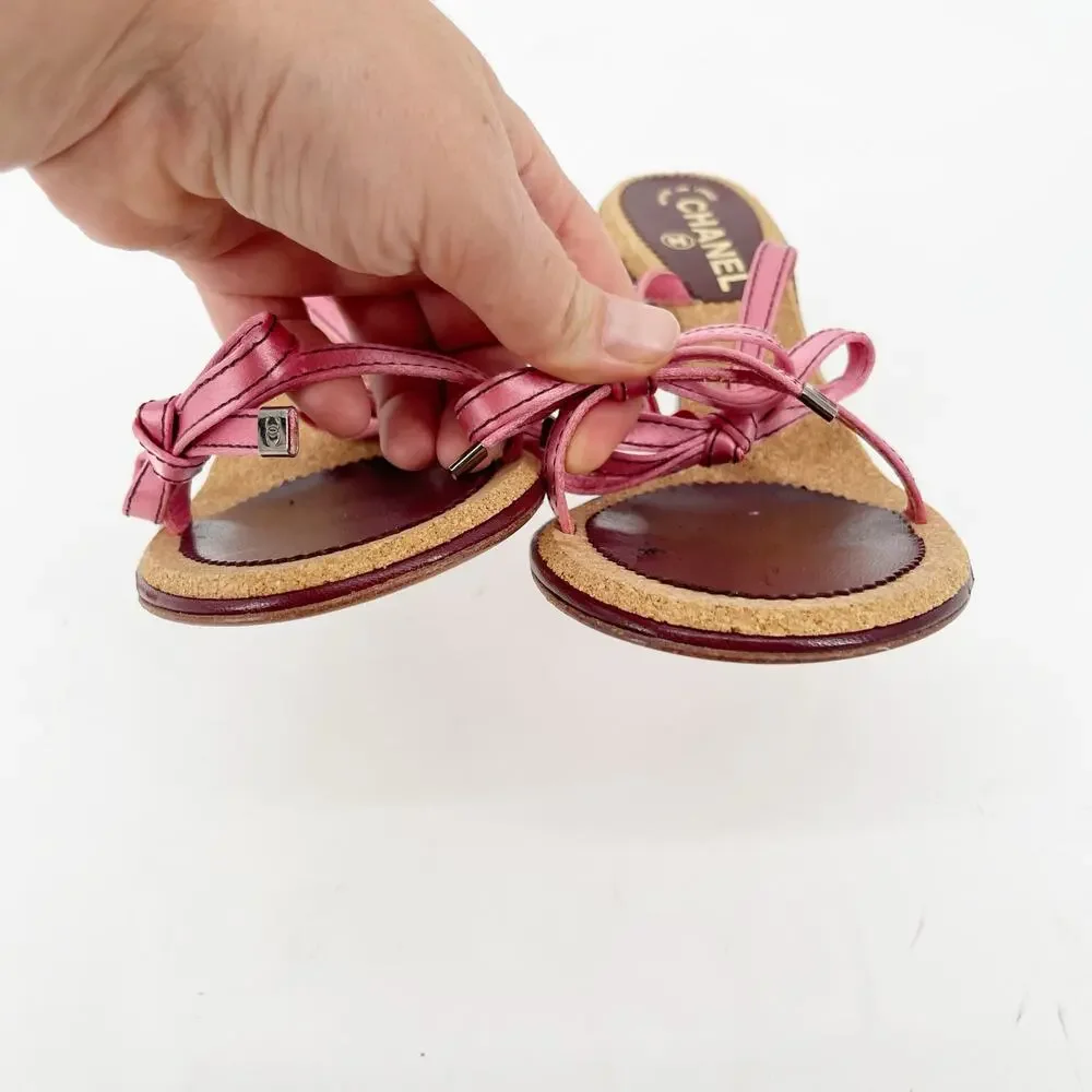 Chanel Vintage Pink Double Strap Satin Bow Cork Sole Slide Sandal Heels EU 38